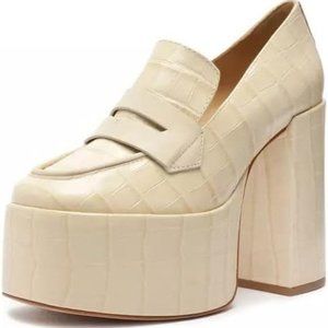 SCHUTZ Viola Platform Leather Pump - 6 / Eggshell / Crocodile-Embossed Leather